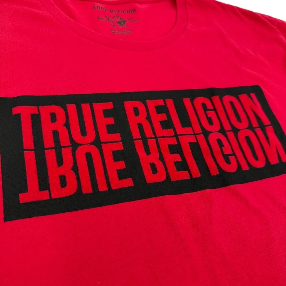 TRUE RELIGION NEW XL T-Shirt Ruby Red SS TR Reflection Tee Flocked Box Felt Logo